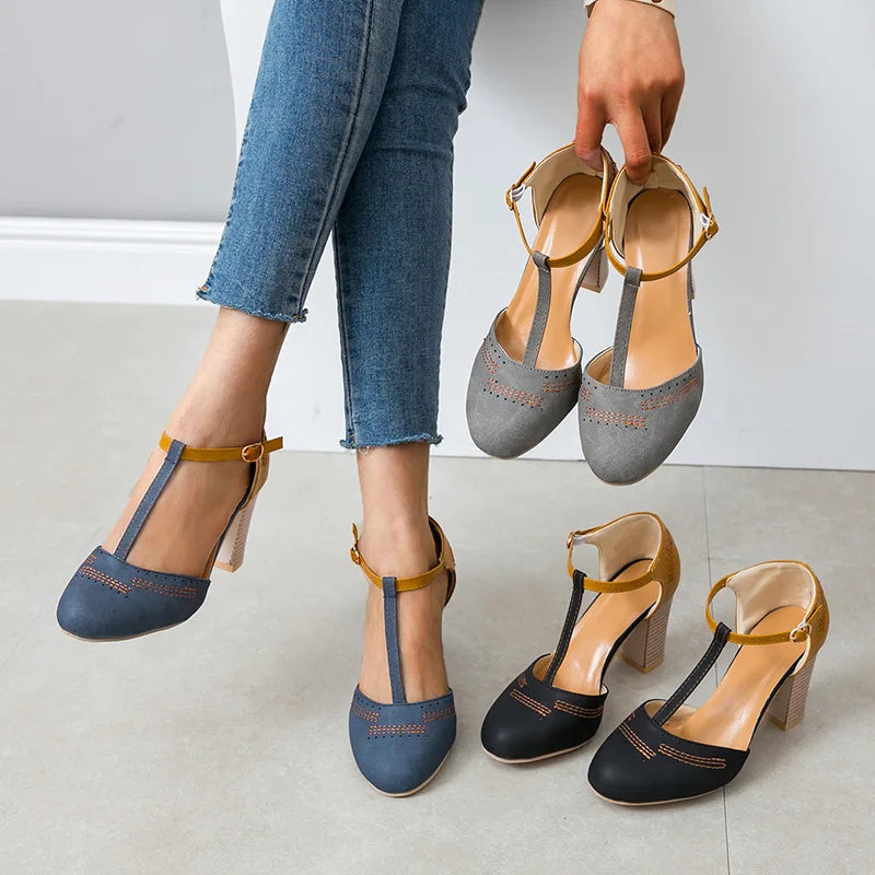 Roberta | Women's Two-Tone Heels with T-Strap and Buckle
