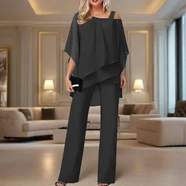 Sian | Elegant Chiffon Two Piece Set with Asymmetric Tiers and Wide Leg Trouser