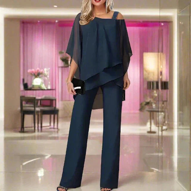 Sian | Elegant Chiffon Two Piece Set with Asymmetric Tiers and Wide Leg Trouser