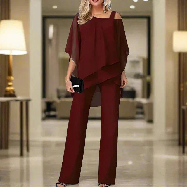 Sian | Elegant Chiffon Two Piece Set with Asymmetric Tiers and Wide Leg Trouser