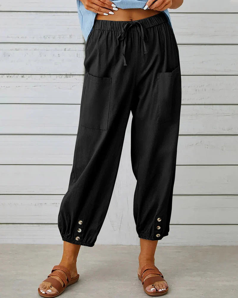 Sienna | Women's Wide Leg Trouser with Drawstring Waist and Button Hem