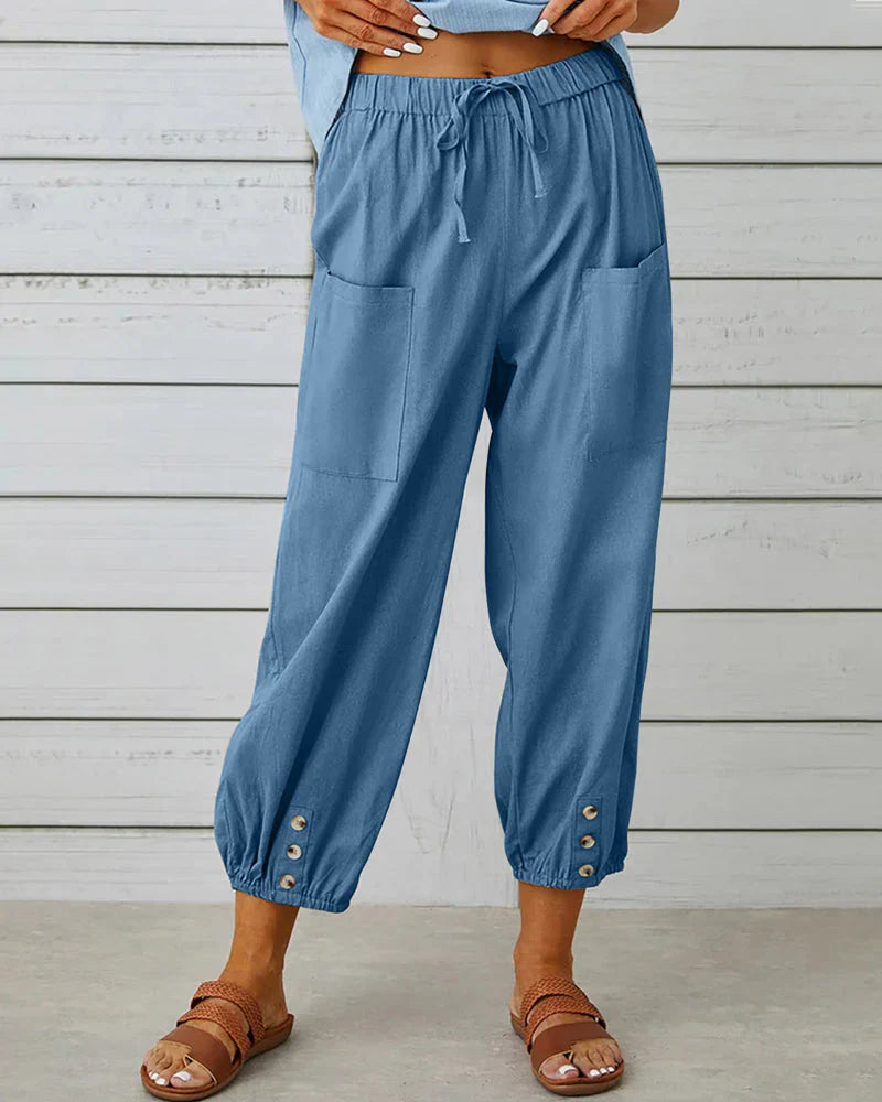 Sienna | Women's Wide Leg Trouser with Drawstring Waist and Button Hem