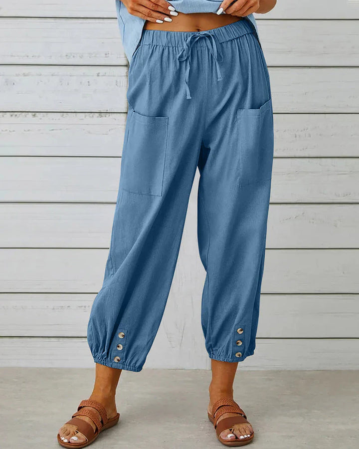 Sienna | Women's Wide Leg Trouser with Drawstring Waist and Button Hem