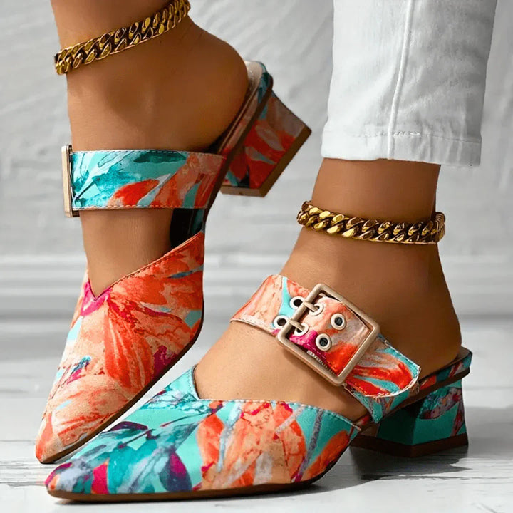 Tracy | Women's Block Heel Floral Mules with Square Buckle
