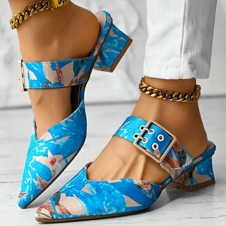 Tracy | Women's Block Heel Floral Mules with Square Buckle