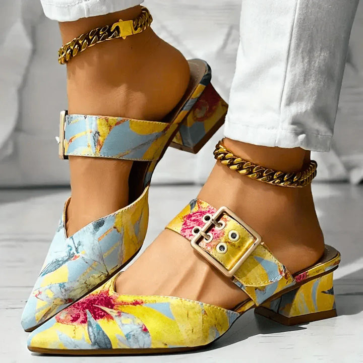 Tracy | Women's Block Heel Floral Mules with Square Buckle