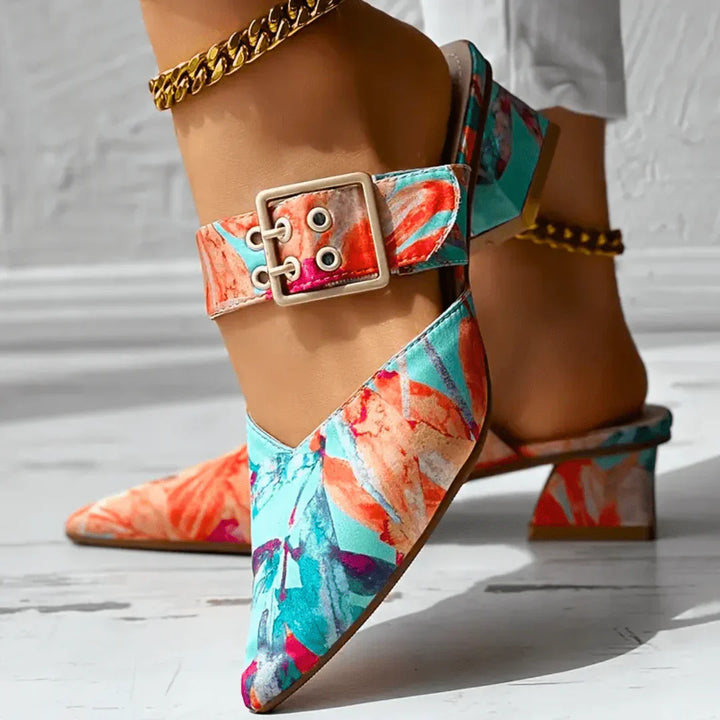 Tracy | Women's Block Heel Floral Mules with Square Buckle