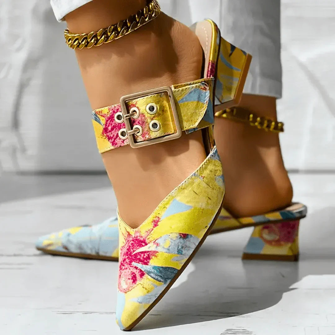 Tracy | Women's Block Heel Floral Mules with Square Buckle