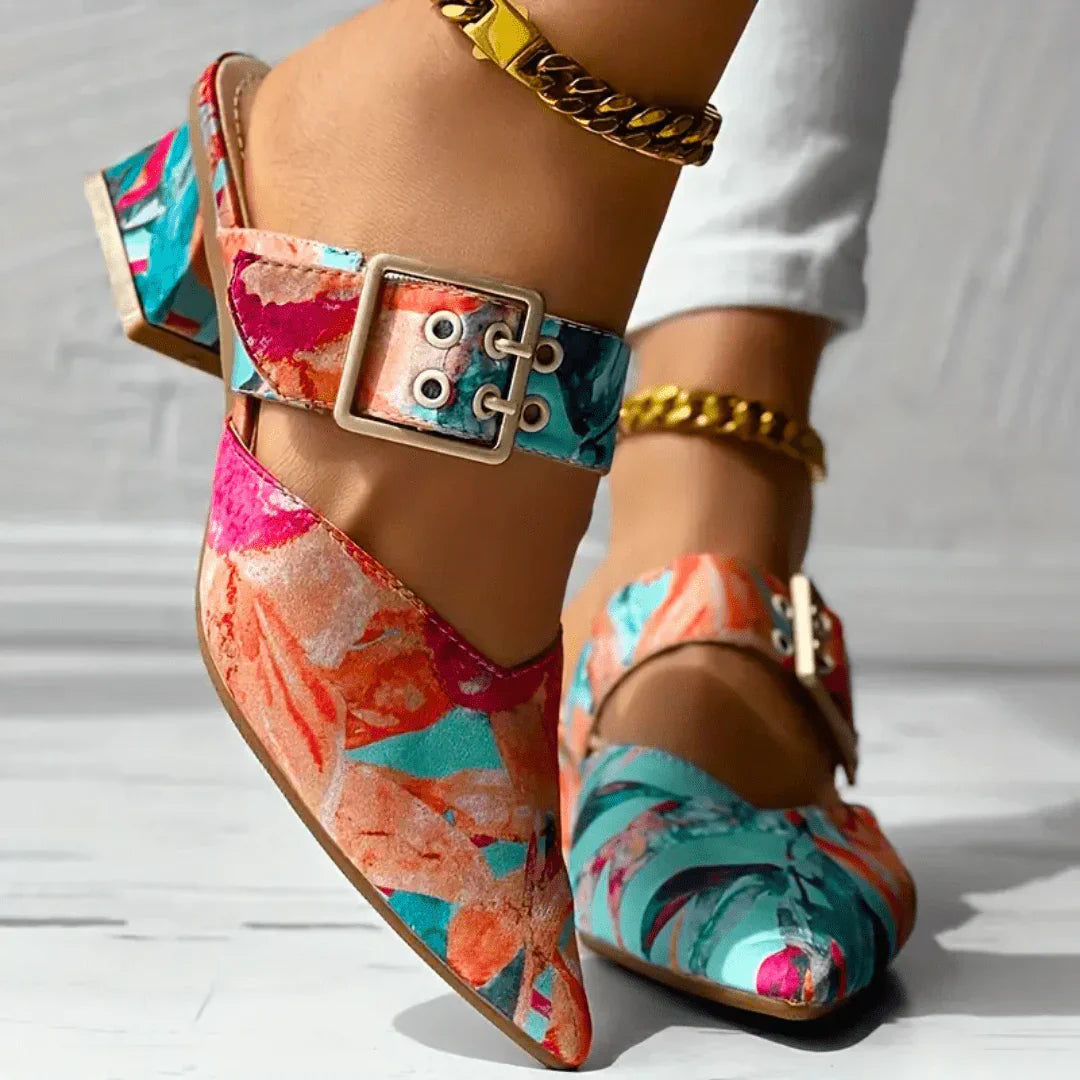 Tracy | Women's Block Heel Floral Mules with Square Buckle
