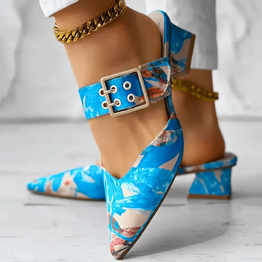 Tracy | Women's Block Heel Floral Mules with Square Buckle